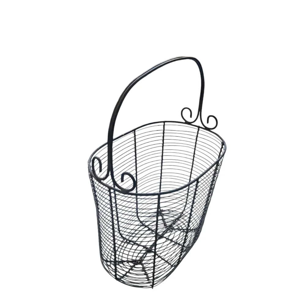 French Farmhouse Vintage Metal Wire Tall Basket Oval Handle Boho Cottage Country